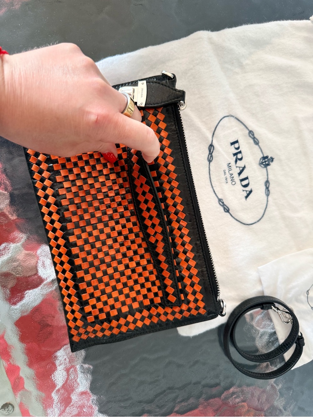 Prada Orange & Black Woven Madras Leather Clutch Bag with Shoulder Strap - Picture 4 of 6